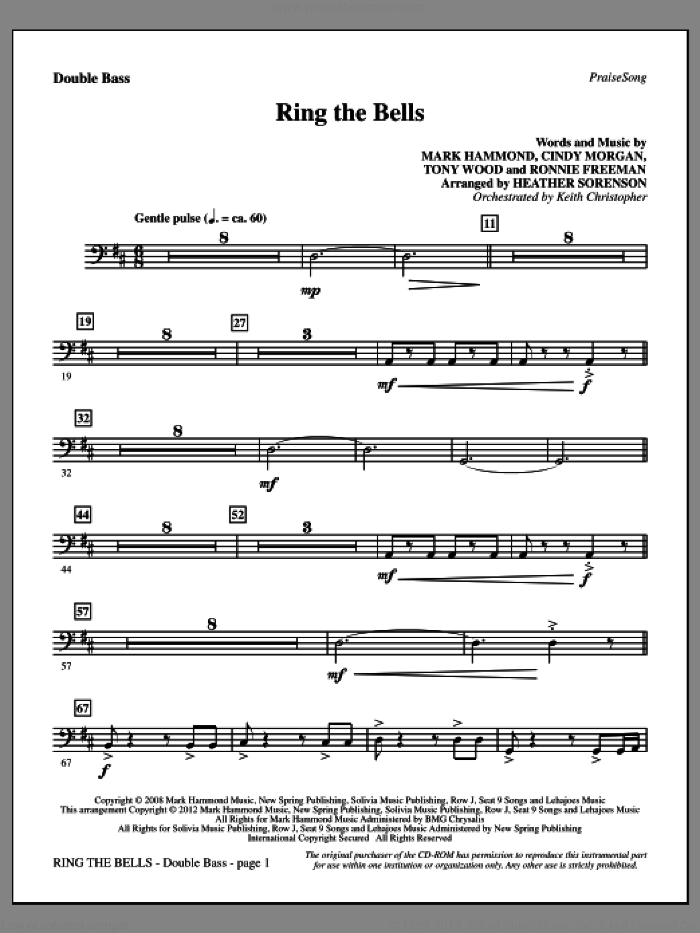 Ring The Bells sheet music for orchestra/band (double bass) by Tony Wood, Cindy Morgan, Mark Hammond, Ronnie Freeman and Heather Sorenson, intermediate skill level