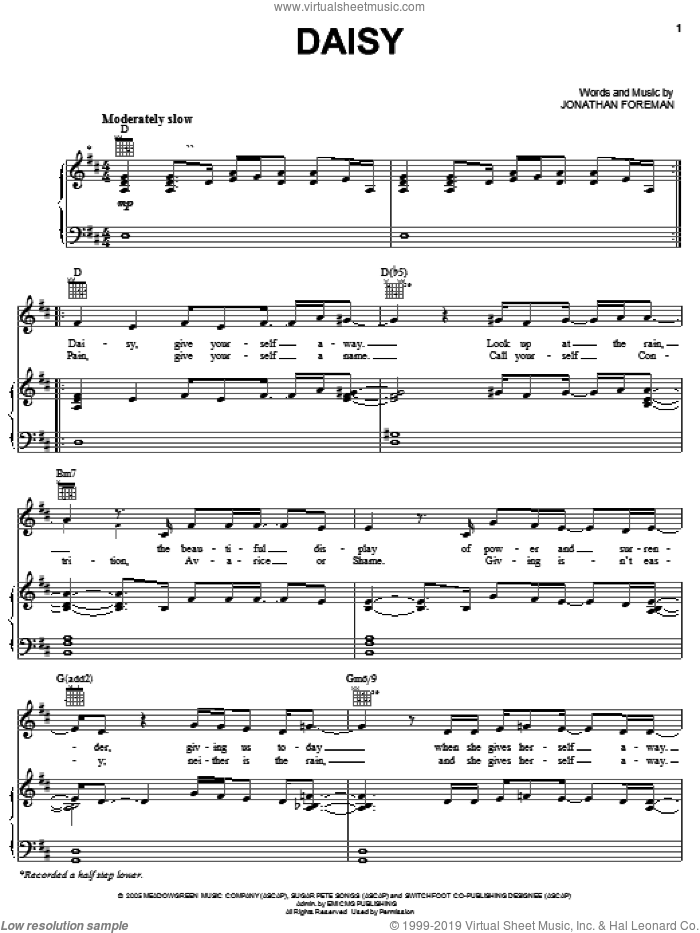 Daisy sheet music for voice, piano or guitar by Switchfoot and Jonathan Foreman, intermediate skill level