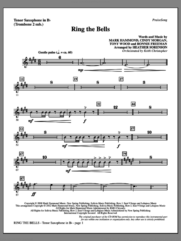 Ring The Bells sheet music for orchestra/band (tenor sax, sub. tbn 2) by Tony Wood, Cindy Morgan, Mark Hammond, Ronnie Freeman and Heather Sorenson, intermediate skill level