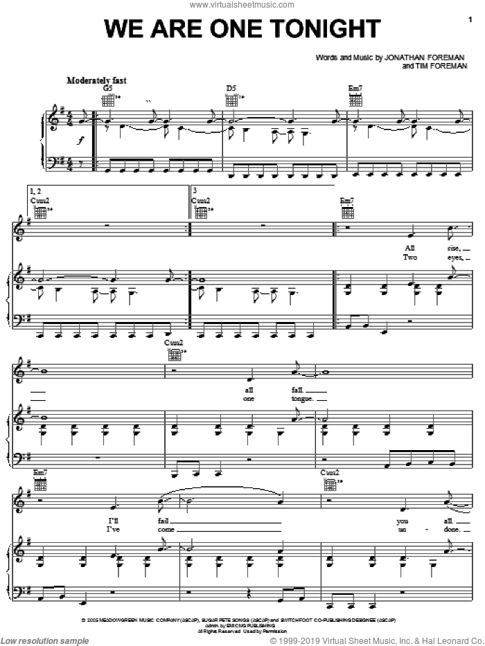 We Are One Tonight sheet music for voice, piano or guitar by Switchfoot, Jonathan Foreman and Tim Foreman, intermediate skill level