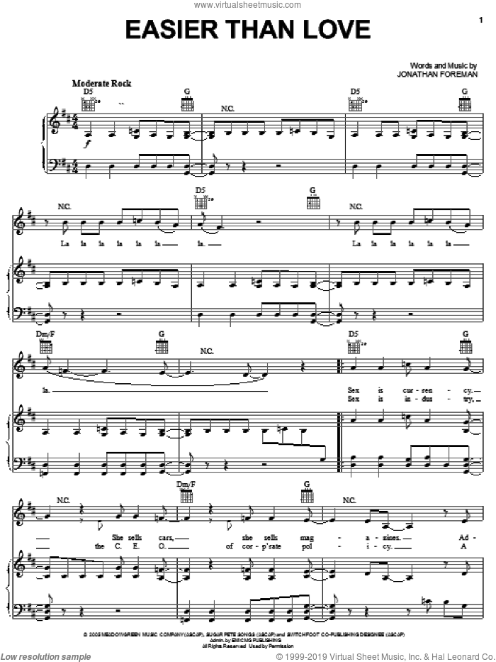 Easier Than Love sheet music for voice, piano or guitar by Switchfoot, Jonathan Foreman and Tim Foreman, intermediate skill level