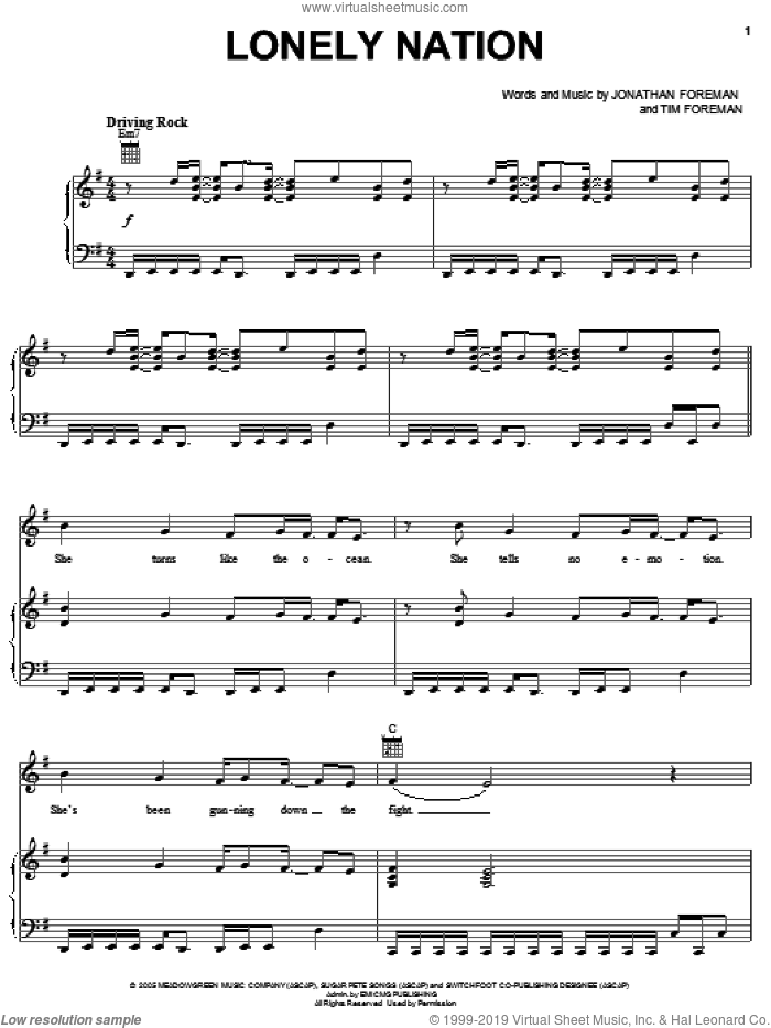 Lonely Nation sheet music for voice, piano or guitar by Switchfoot, Jonathan Foreman and Tim Foreman, intermediate skill level