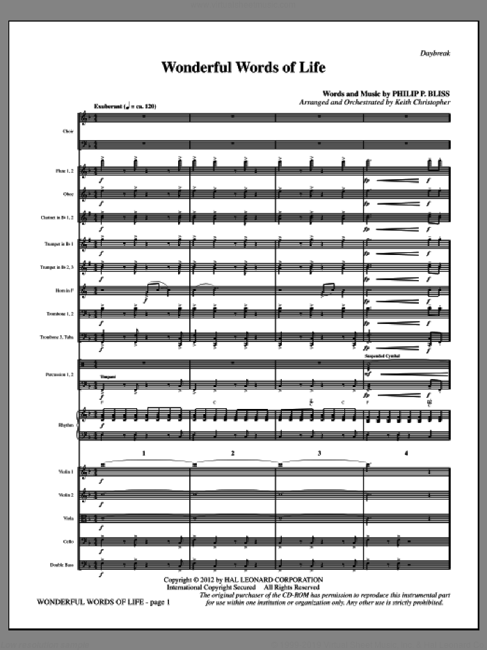 Wonderful Words of Life (complete set of parts) sheet music for orchestra/band (Orchestra) by Philip P. Bliss and Keith Christopher, intermediate skill level