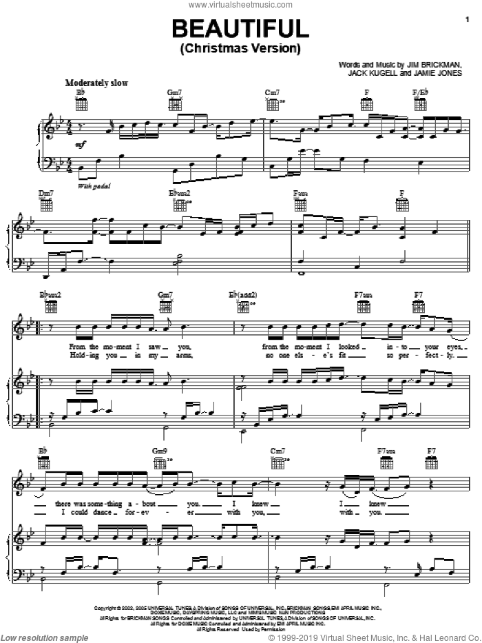 Beautiful (Christmas Version) sheet music for voice, piano or guitar by Jim Brickman, Jack Kugell and Jamie Jones, intermediate skill level