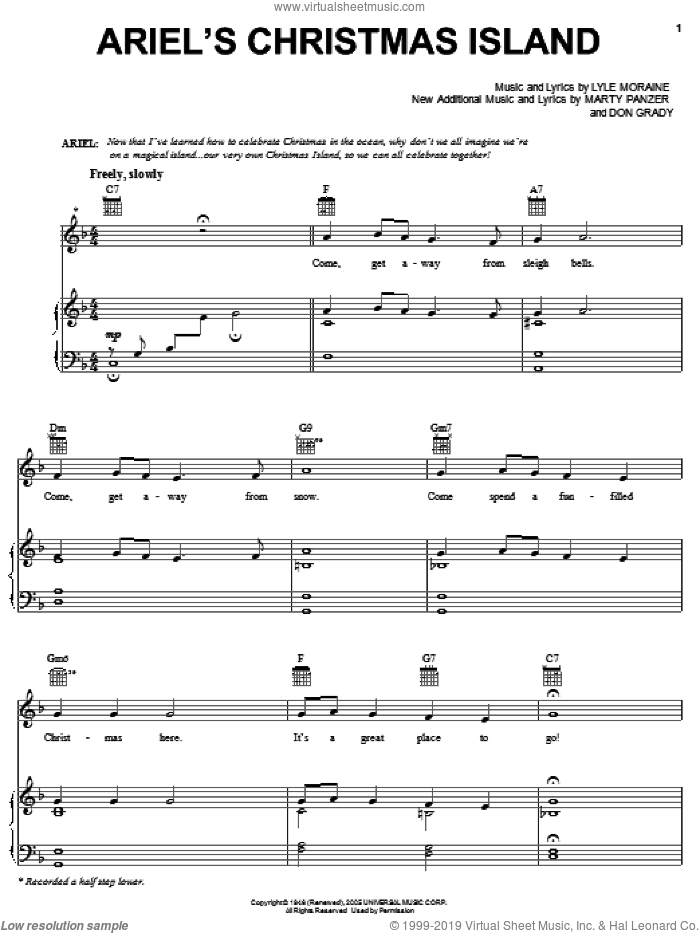 Ariel's Christmas Island sheet music for voice, piano or guitar by Marty Panzer and Lyle Moraine, intermediate skill level