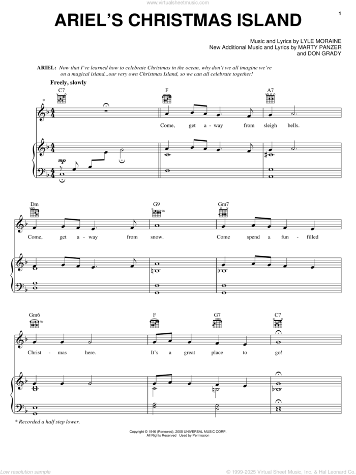 Ariel's Christmas Island sheet music for voice, piano or guitar by Marty Panzer and Lyle Moraine, intermediate skill level