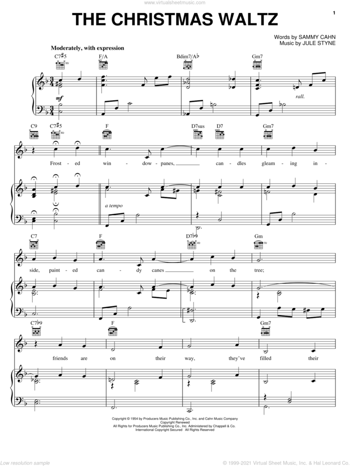 The Christmas Waltz sheet music for voice, piano or guitar by Sammy Cahn and Jule Styne, intermediate skill level