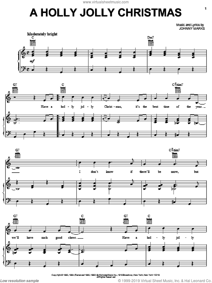 A Holly Jolly Christmas sheet music for voice, piano or guitar by Johnny Marks, intermediate skill level