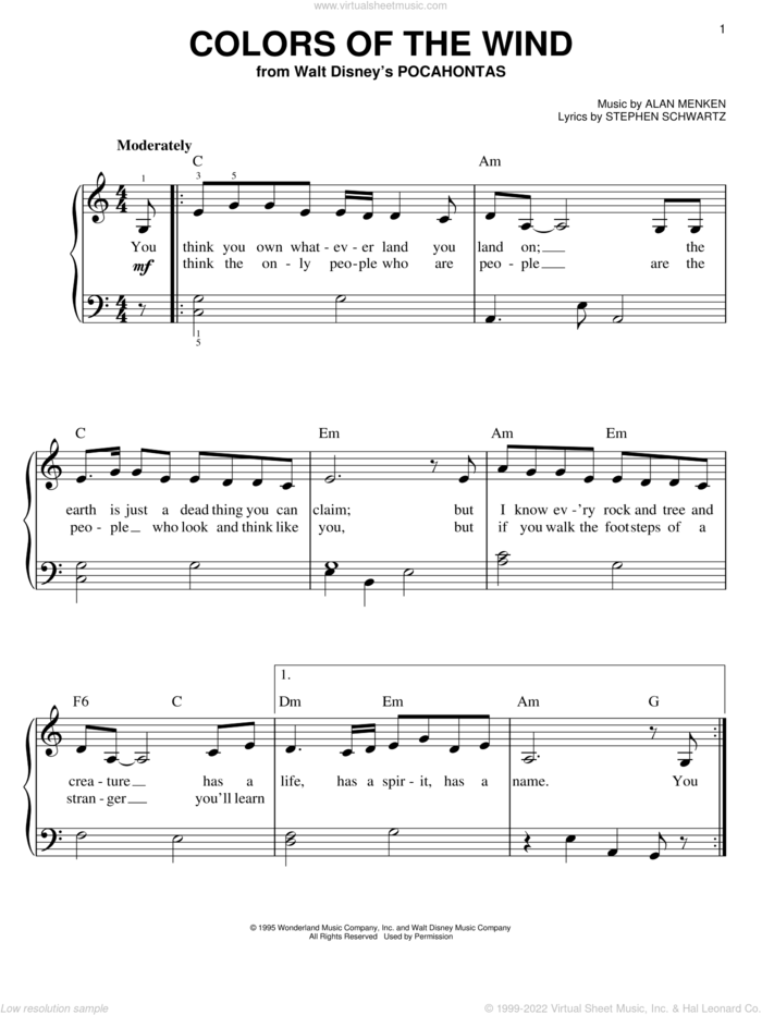 Colors Of The Wind (from Pocahontas) sheet music for piano solo by Vanessa Williams, Alan Menken and Stephen Schwartz, easy skill level