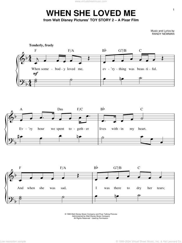 When She Loved Me (from Toy Story 2), (easy) sheet music for piano solo by Sarah McLachlan, Toy Story 2 (Movie) and Randy Newman, easy skill level