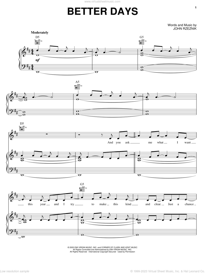 Better Days sheet music for voice, piano or guitar by Goo Goo Dolls and John Rzeznik, intermediate skill level