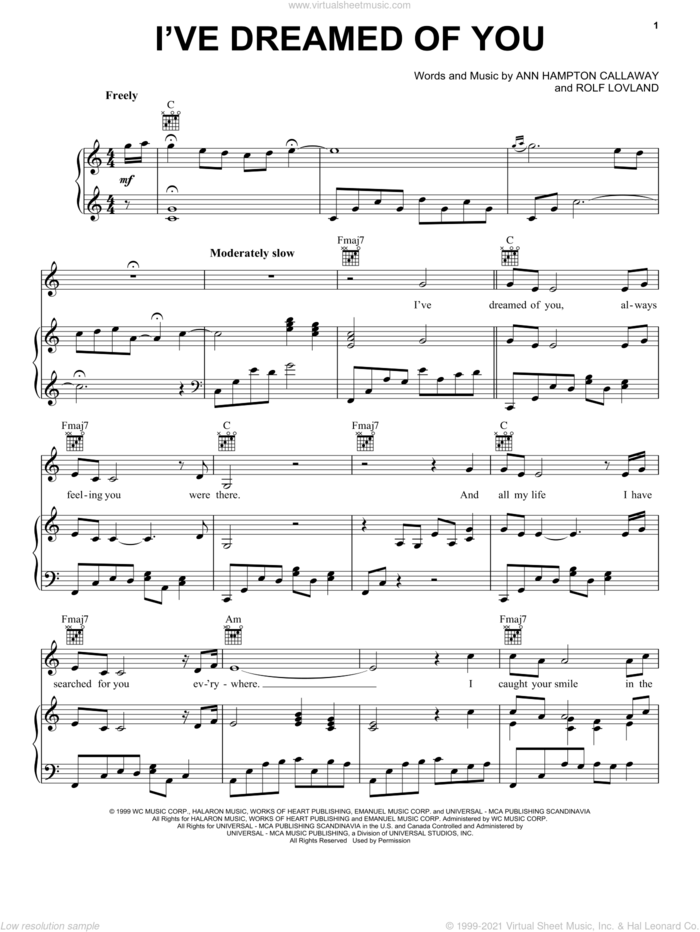 I've Dreamed Of You sheet music for voice, piano or guitar by Rolf Lovland, Barbra Streisand and Ann Hampton Callaway, intermediate skill level
