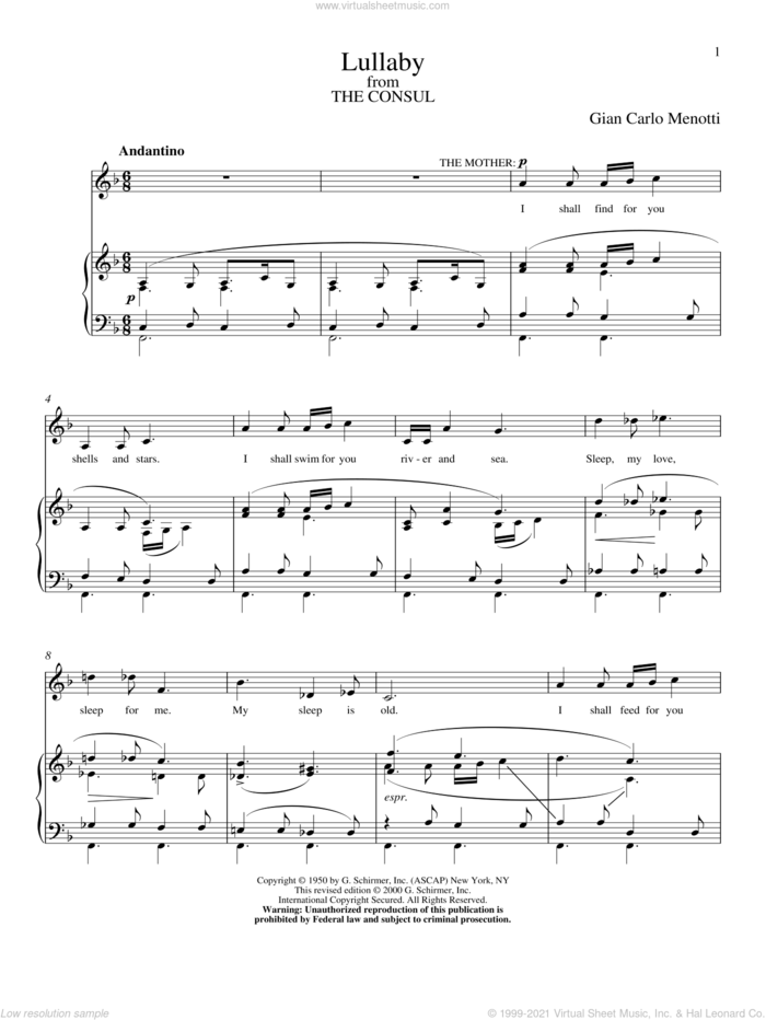 Lullaby sheet music for voice and piano by Gian Carlo Menotti, classical score, intermediate skill level