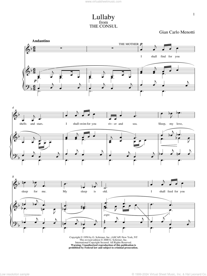 Lullaby sheet music for voice and piano by Gian Carlo Menotti, classical score, intermediate skill level