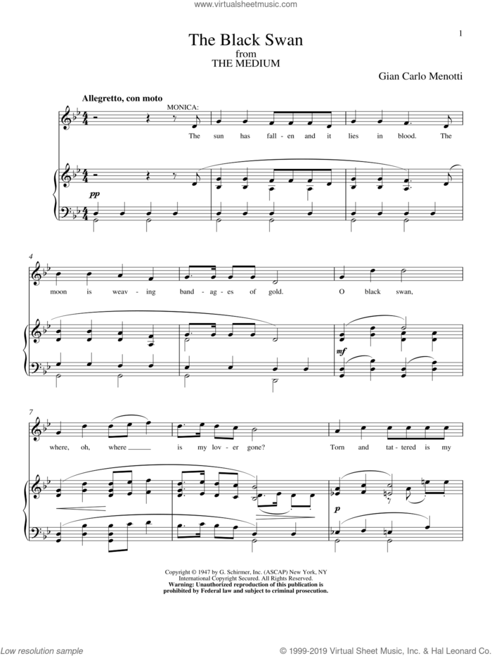 The Black Swan sheet music for voice and piano by Gian Carlo Menotti, classical score, intermediate skill level