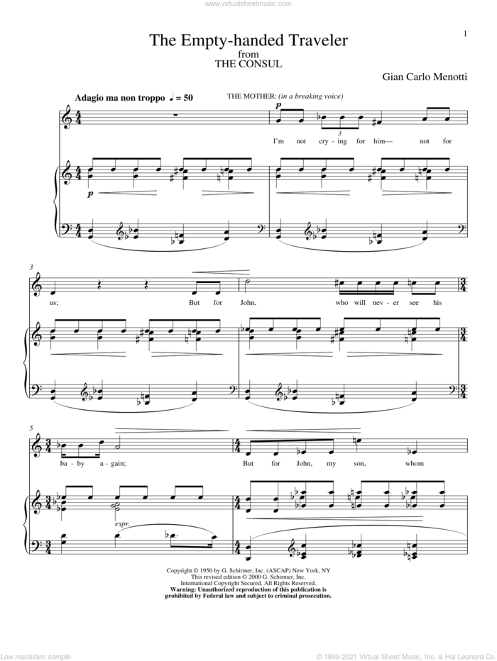 The Empty-handed Traveler sheet music for voice and piano by Gian Carlo Menotti, classical score, intermediate skill level