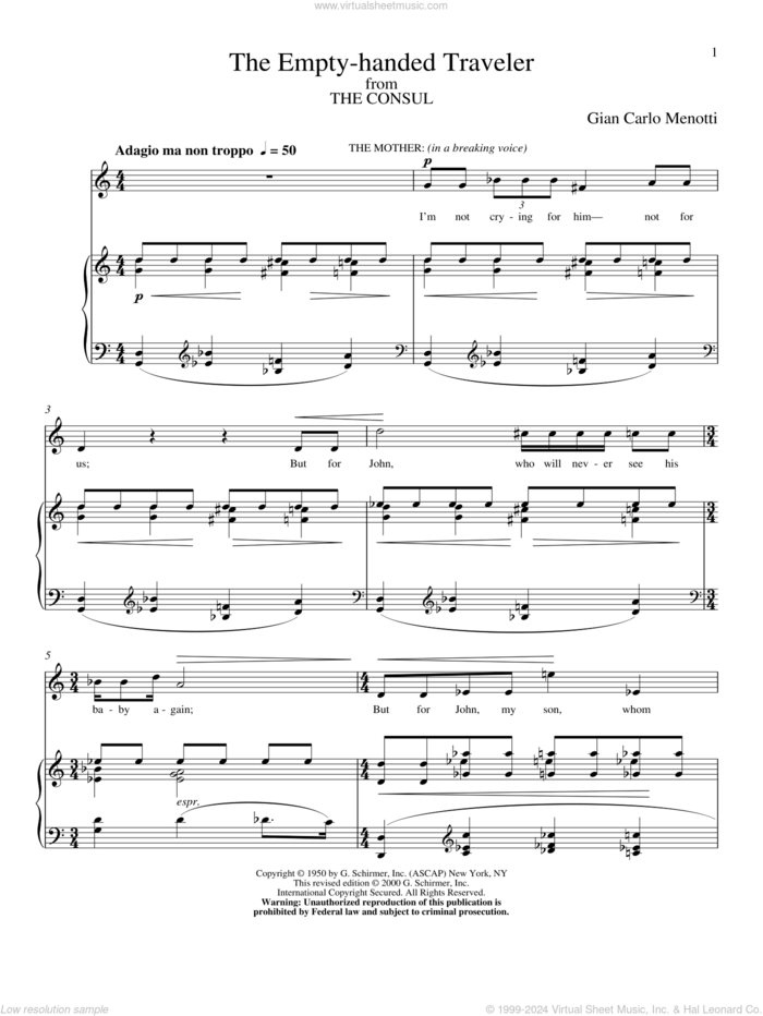 The Empty-handed Traveler sheet music for voice and piano by Gian Carlo Menotti, classical score, intermediate skill level