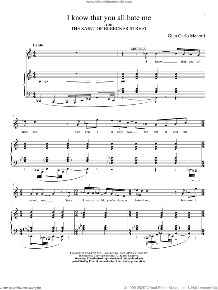 I Know That You All Hate Me sheet music for voice and piano by Gian Carlo Menotti, classical score, intermediate skill level