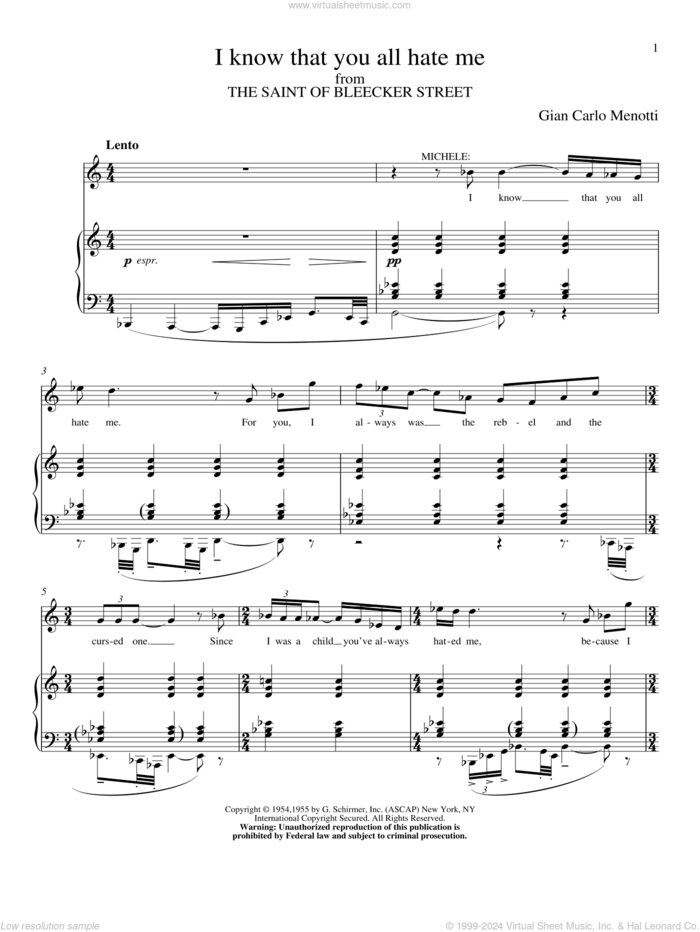 I Know That You All Hate Me sheet music for voice and piano by Gian Carlo Menotti, classical score, intermediate skill level