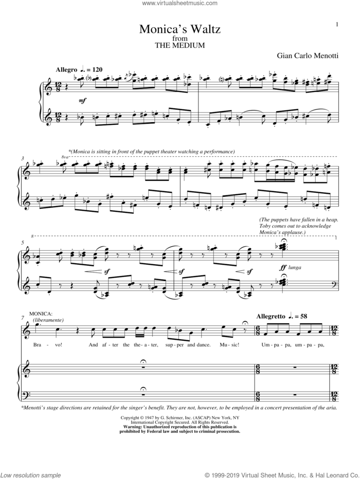 Monica's Waltz sheet music for voice and piano by Gian Carlo Menotti, classical wedding score, intermediate skill level
