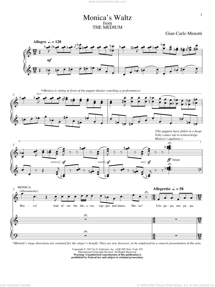 Monica's Waltz sheet music for voice and piano by Gian Carlo Menotti, classical wedding score, intermediate skill level