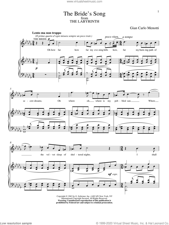 The Bride's Song sheet music for voice and piano by Gian Carlo Menotti, classical wedding score, intermediate skill level