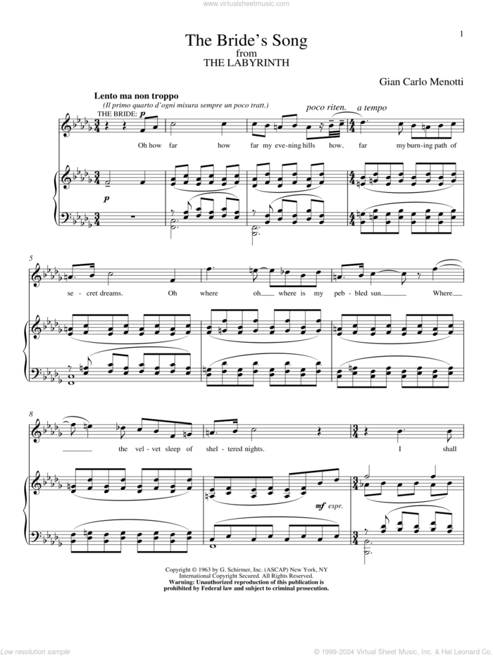 The Bride's Song sheet music for voice and piano by Gian Carlo Menotti, classical wedding score, intermediate skill level