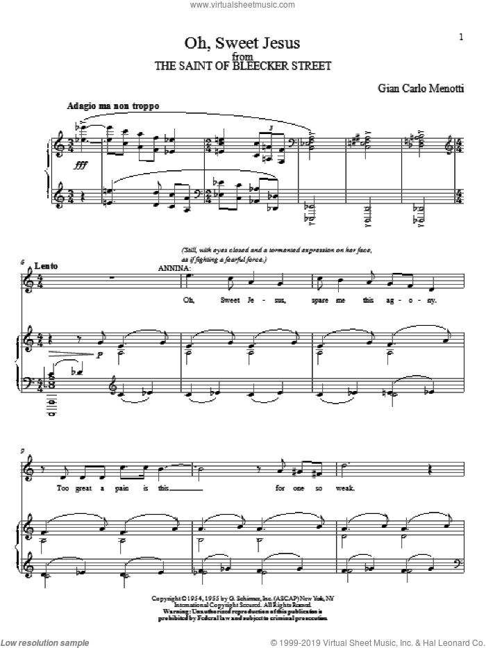 Oh, Sweet Jesus sheet music for voice and piano by Gian Carlo Menotti, classical score, intermediate skill level
