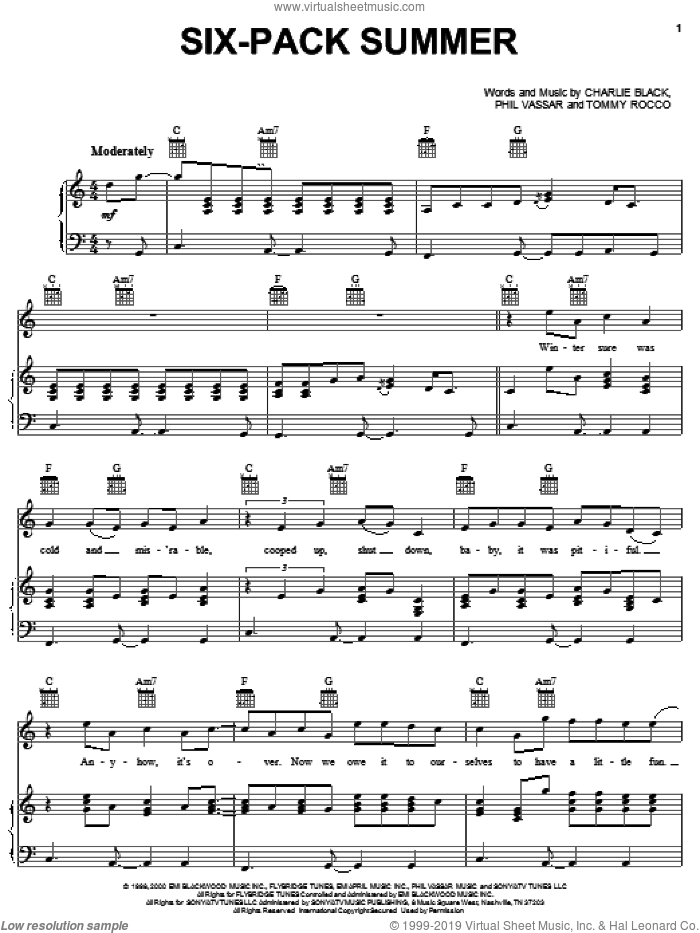 Six-Pack Summer sheet music for voice, piano or guitar by Phil Vassar, Charlie Black and Tommy Rocco, intermediate skill level