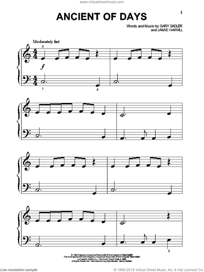 Ancient Of Days sheet music for piano solo by Ron Kenoly, Petra, Gary Sadler and Jamie Harvill, beginner skill level