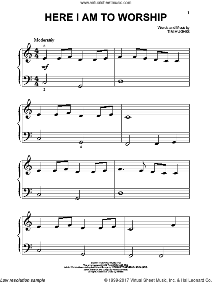 Here I Am To Worship sheet music for piano solo by Phillips, Craig & Dean and Tim Hughes, beginner skill level