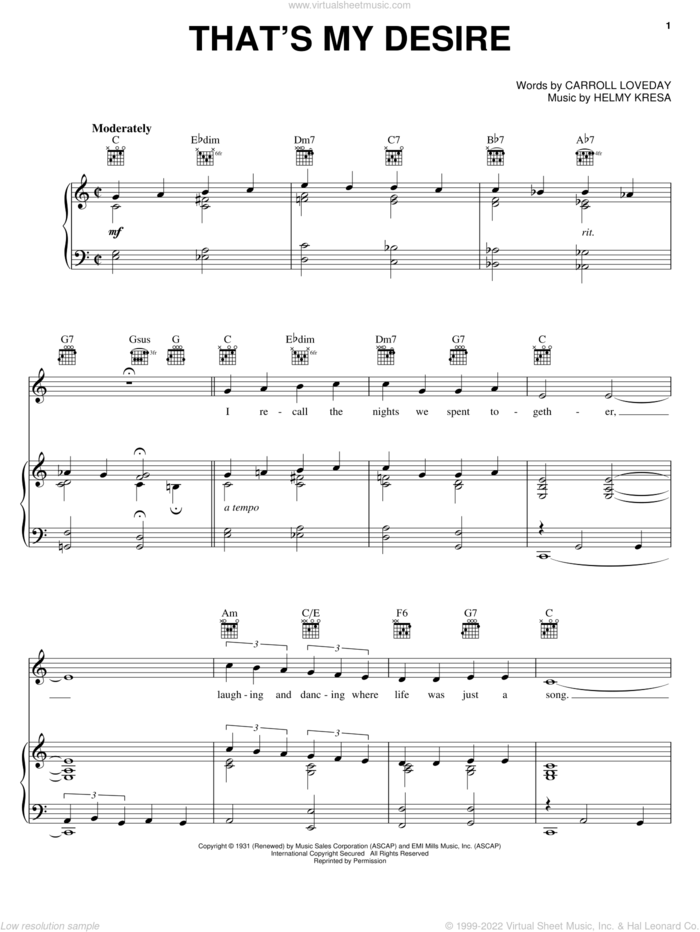That's My Desire sheet music for voice, piano or guitar by Frankie Laine, Louis Armstrong, Carroll Loveday and Helmy Kresa, intermediate skill level