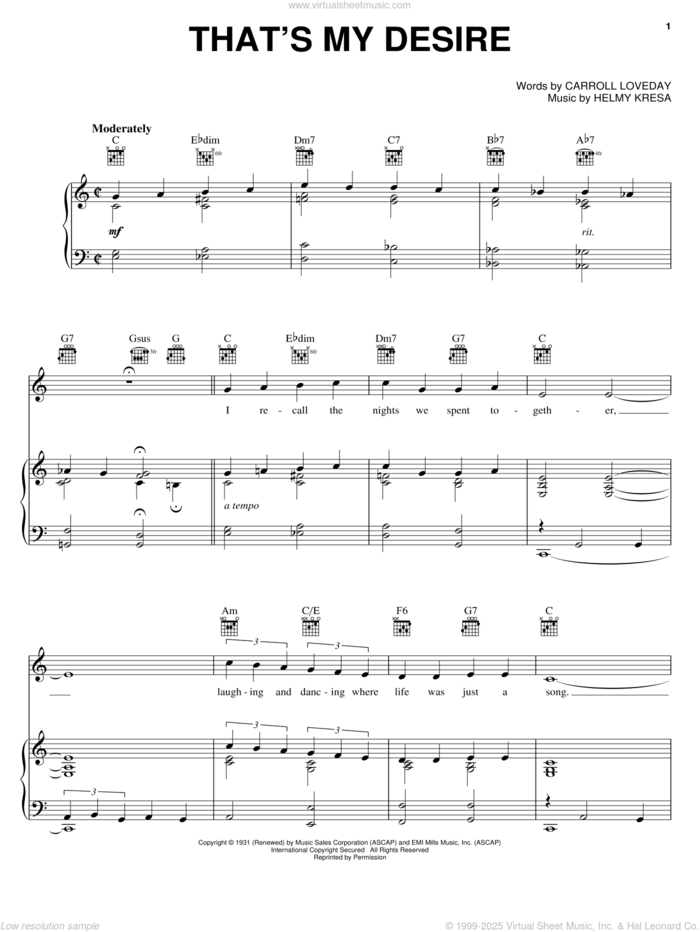 That's My Desire sheet music for voice, piano or guitar by Frankie Laine, Louis Armstrong, Carroll Loveday and Helmy Kresa, intermediate skill level