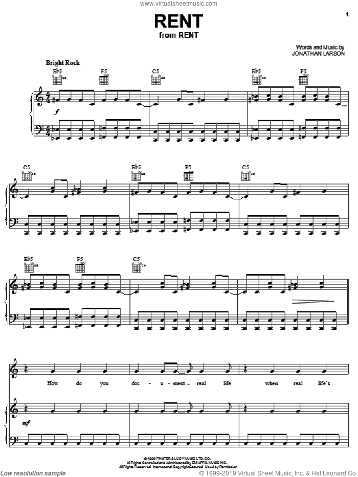 Rent sheet music for voice, piano or guitar by Jonathan Larson and Rent (Musical), intermediate skill level
