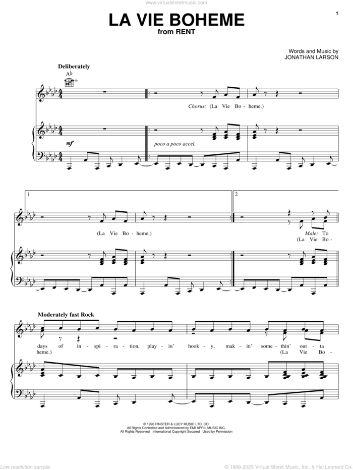 La Vie Boheme sheet music for voice, piano or guitar by Jonathan Larson and Rent (Musical), intermediate skill level