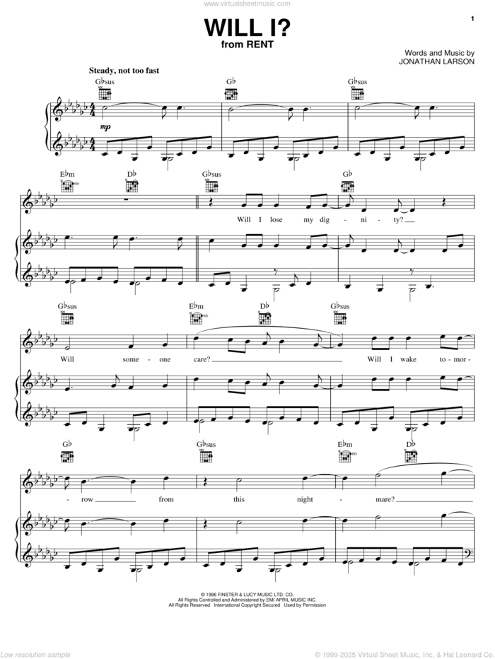 Will I? sheet music for voice, piano or guitar by Jonathan Larson and Rent (Musical), intermediate skill level