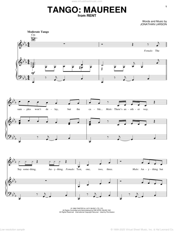 Tango: Maureen sheet music for voice, piano or guitar by Jonathan Larson and Rent (Musical), intermediate skill level