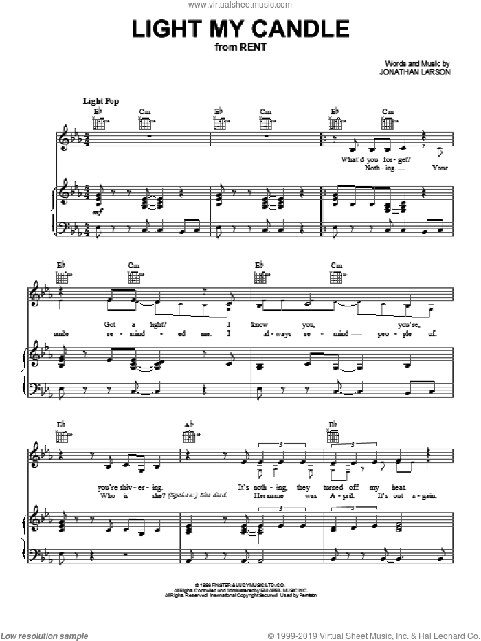 Light My Candle sheet music for voice, piano or guitar by Jonathan Larson and Rent (Musical), intermediate skill level