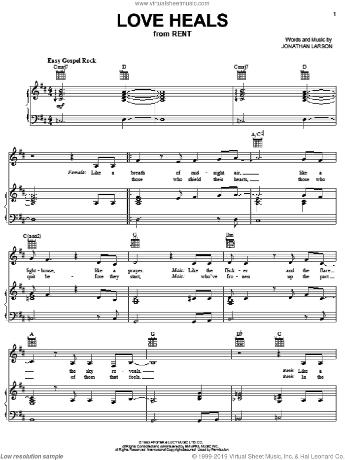 Love Heals sheet music for voice, piano or guitar by Jonathan Larson and Rent (Musical), intermediate skill level