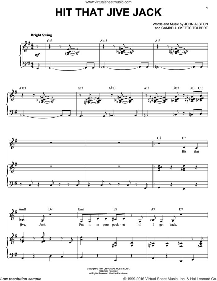 Hit That Jive Jack sheet music for voice, piano or guitar by Diana Krall, Cambell Skeets Tolbert, Campbell 'Skeets' Tolbert and John Alston, intermediate skill level
