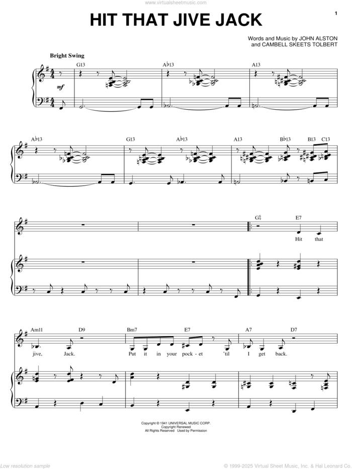 Hit That Jive Jack sheet music for voice, piano or guitar by Diana Krall, Cambell Skeets Tolbert, Campbell 'Skeets' Tolbert and John Alston, intermediate skill level