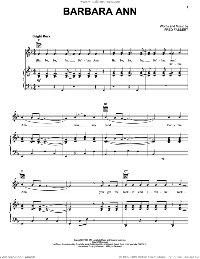 Barbara Ann sheet music for voice, piano or guitar by The Beach Boys, The Regents and Fred Fassert, intermediate skill level