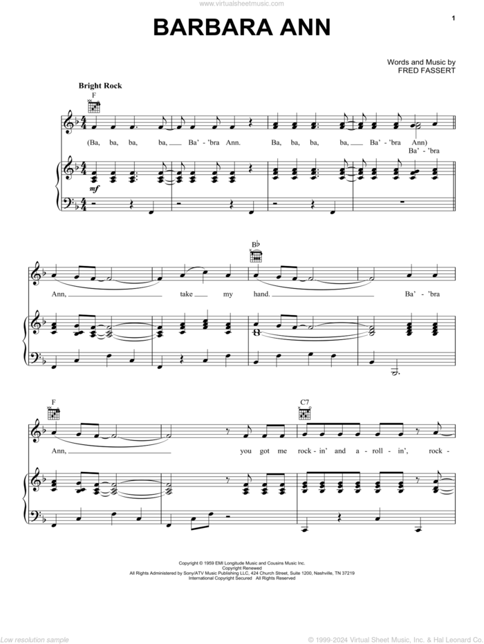 Barbara Ann sheet music for voice, piano or guitar by The Beach Boys, The Regents and Fred Fassert, intermediate skill level