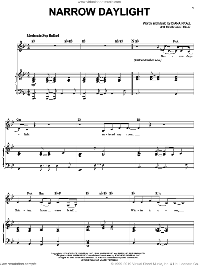 Narrow Daylight sheet music for voice, piano or guitar by Diana Krall and Elvis Costello, intermediate skill level