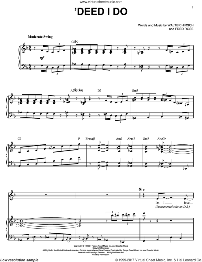 'Deed I Do sheet music for voice, piano or guitar by Diana Krall, Fred Rose and Walter Hirsch, intermediate skill level