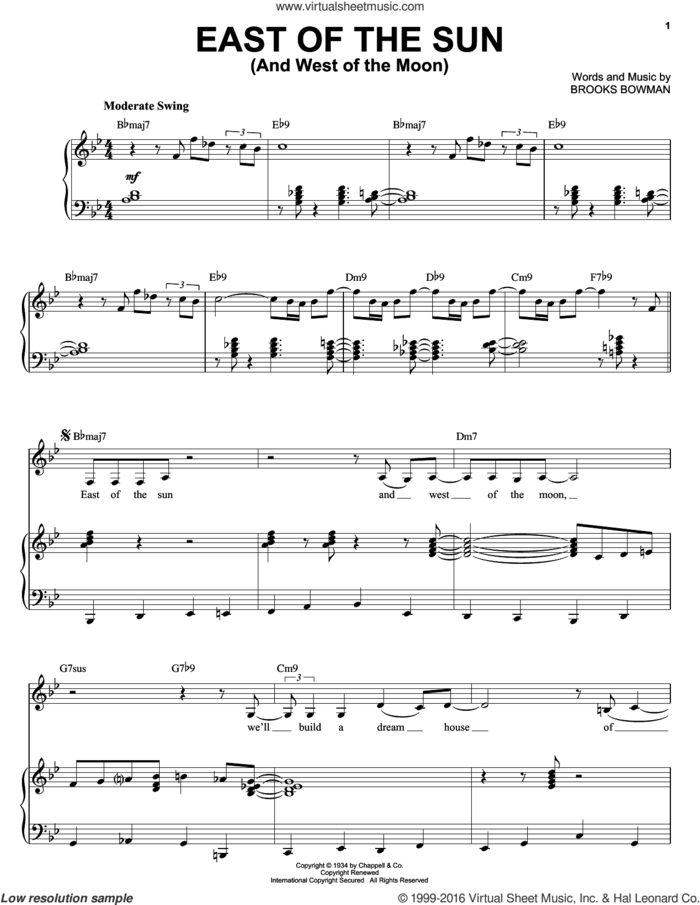 East Of The Sun (And West Of The Moon) sheet music for voice, piano or guitar by Diana Krall and Brooks Bowman, intermediate skill level