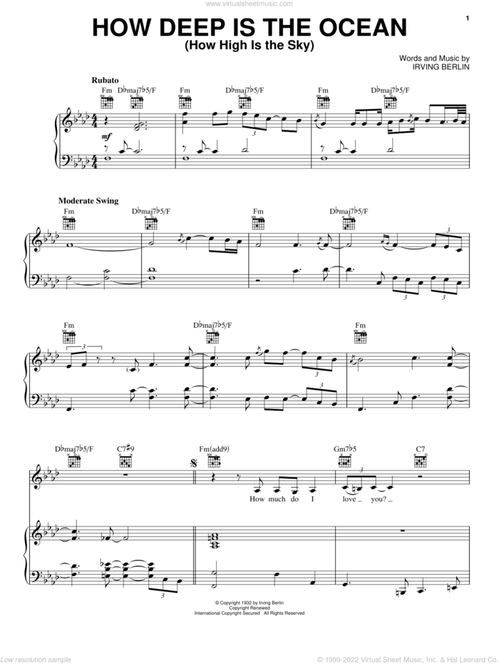 How Deep Is The Ocean (How High Is The Sky) sheet music for voice, piano or guitar by Diana Krall and Irving Berlin, wedding score, intermediate skill level
