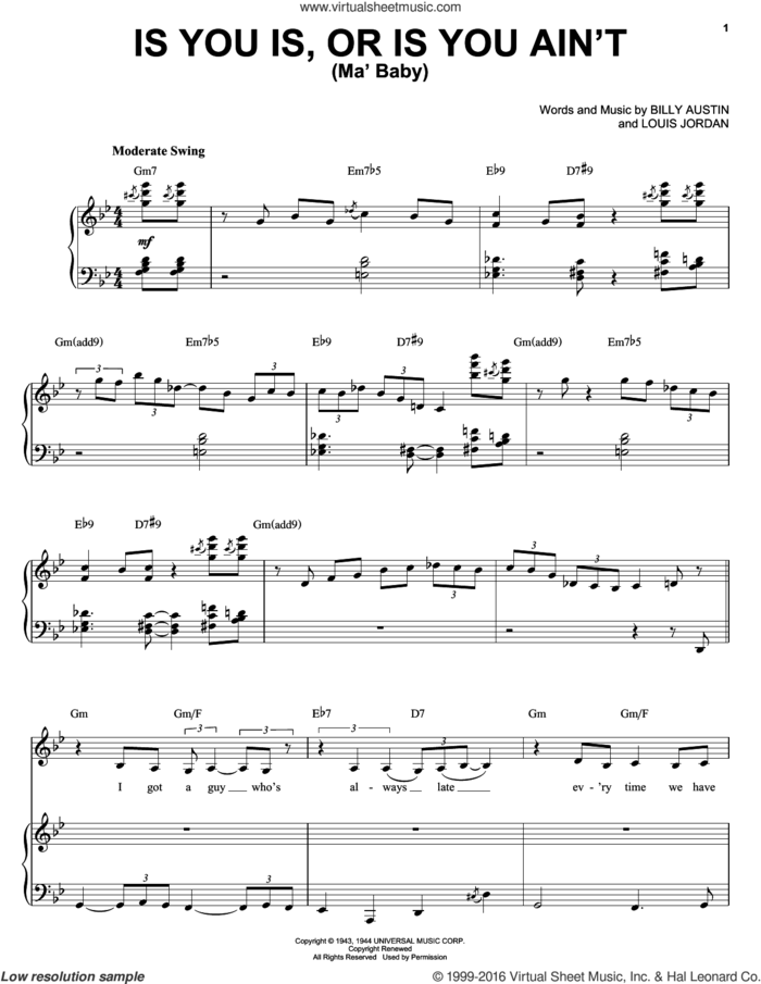 Is You Is, Or Is You Ain't (Ma' Baby) sheet music for voice, piano or guitar by Diana Krall, Billy Austin and Louis Jordan, intermediate skill level