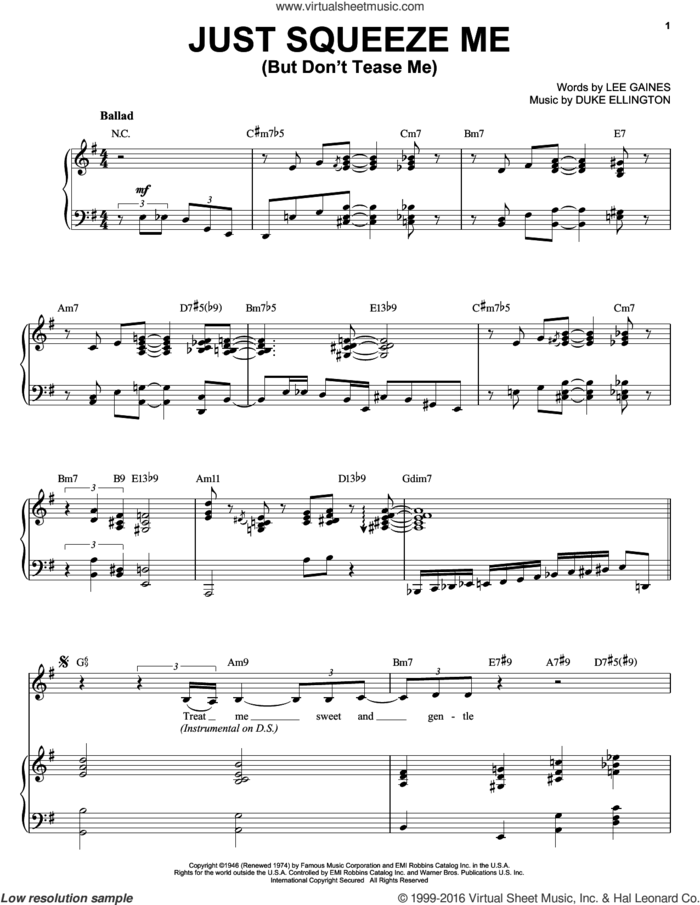Just Squeeze Me (But Don't Tease Me) sheet music for voice, piano or guitar by Diana Krall, Lena Horne, Duke Ellington and Lee Gaines, intermediate skill level