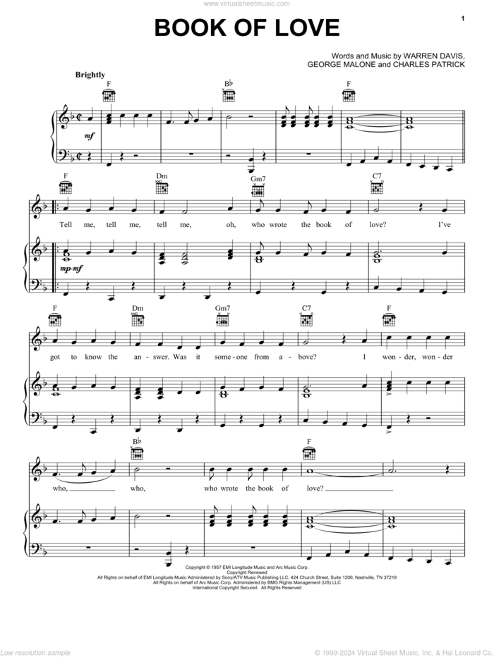 Book Of Love sheet music for voice, piano or guitar by The Monotones, Charles Patrick, George Malone and Warren Davis, intermediate skill level